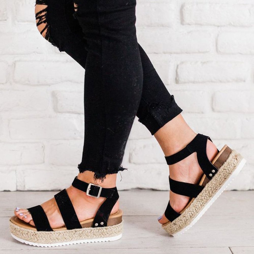 NEW🔥 Black Open Toe Buckle  Ankle Strap Platform Wedge Heel Espadrille Sandals - Picture 4 of 6